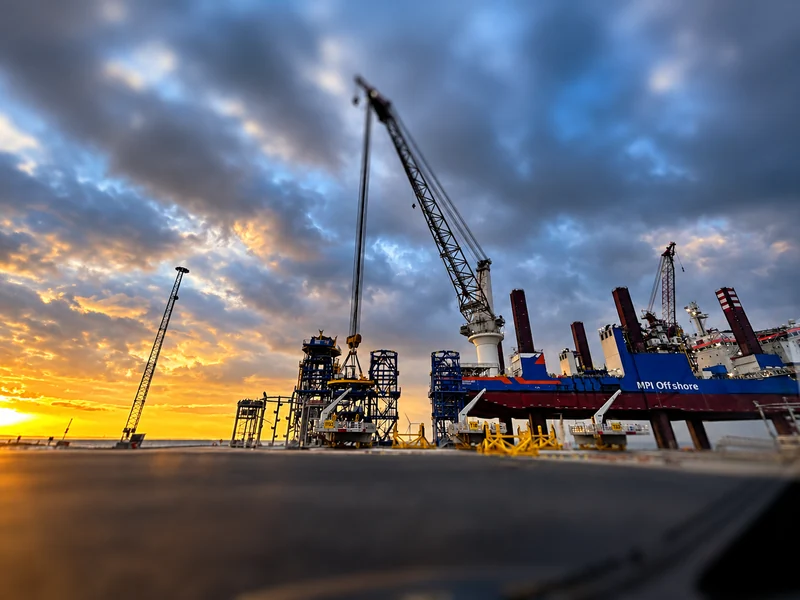 Installation vessel and cranes at sunset
